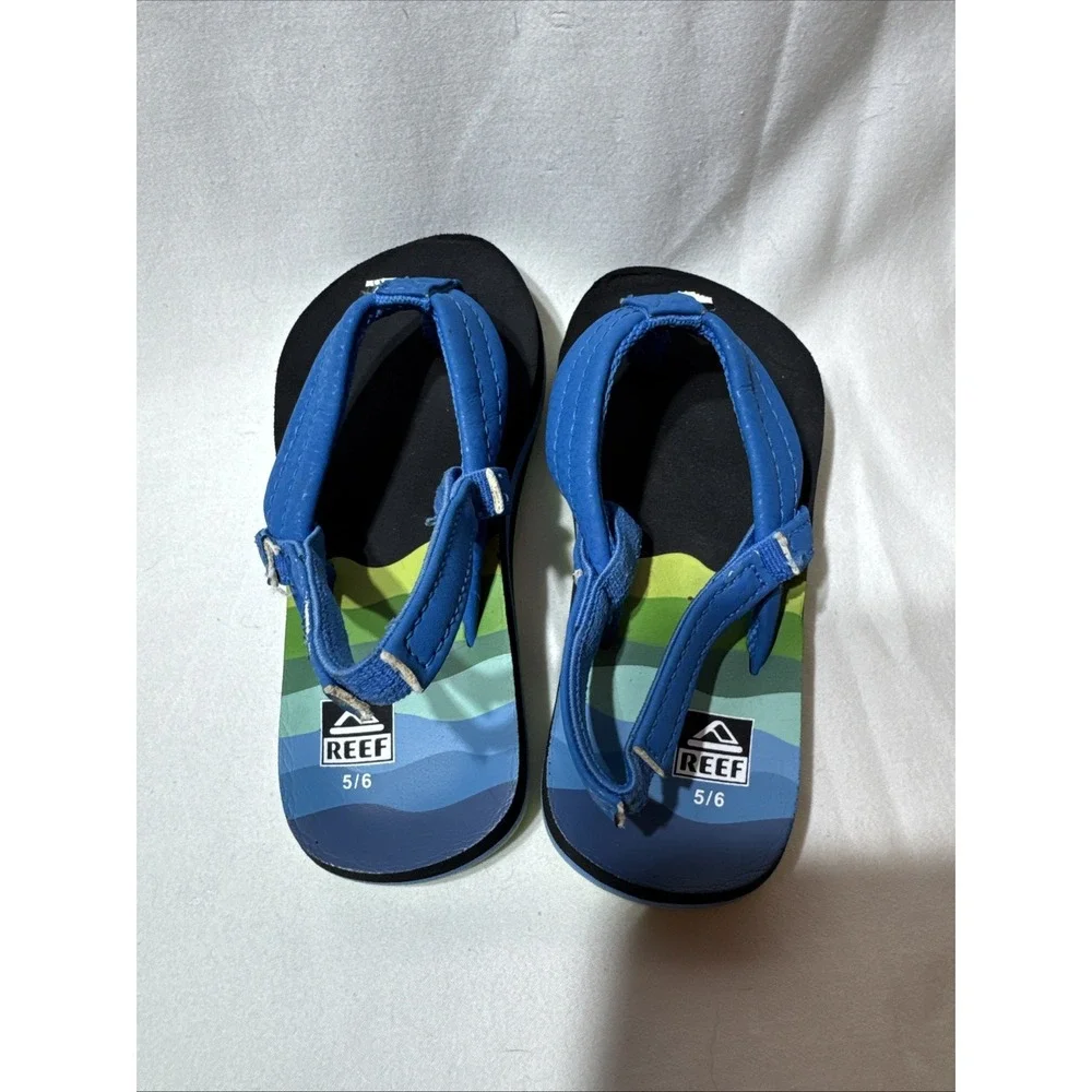 Reef ‎ 5/6 Little Ahi Flip Flops Sandals Blue Green Black Unisex Preowned